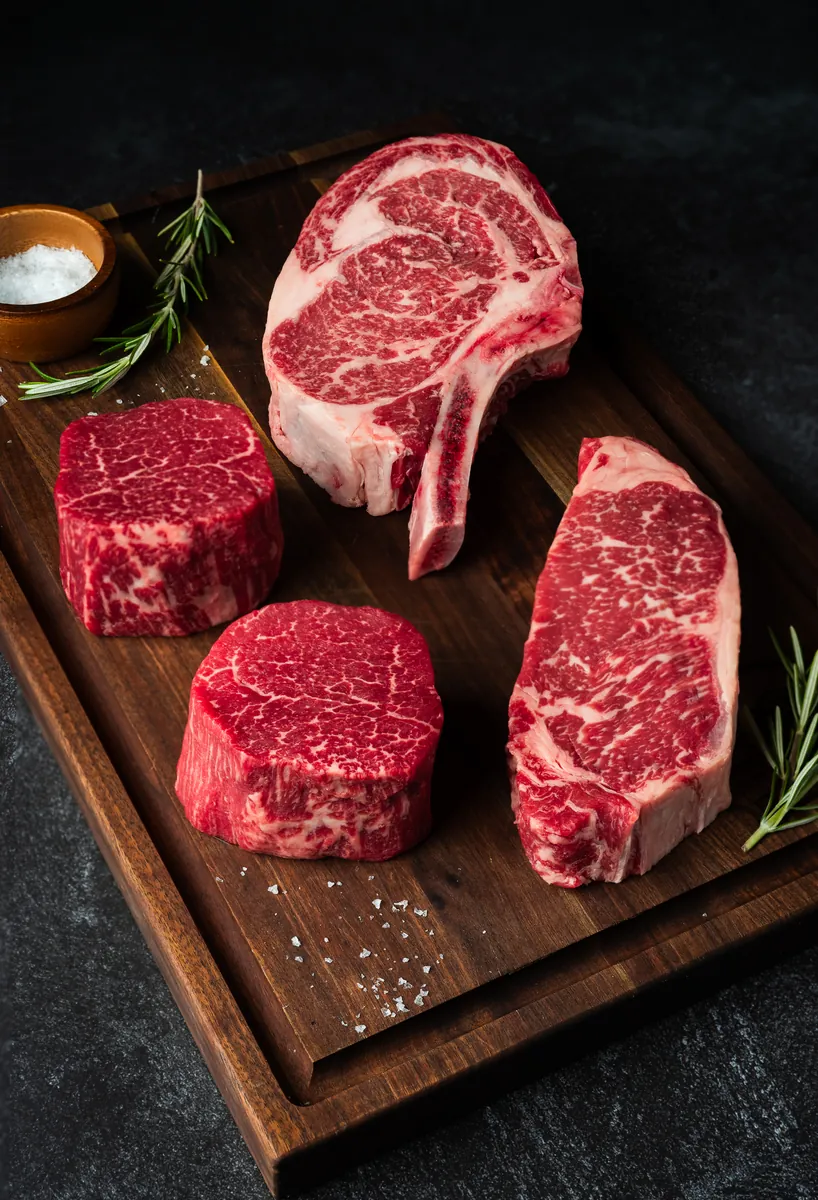 Premium marbled beef cuts on a wooden board